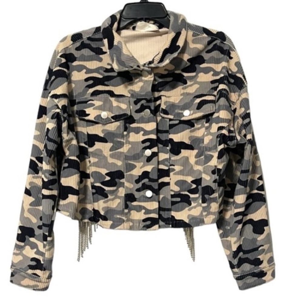 Savanna Jane NWT Large Camouflage Corduroy Fringe Cropped Long Sleeve Button-up